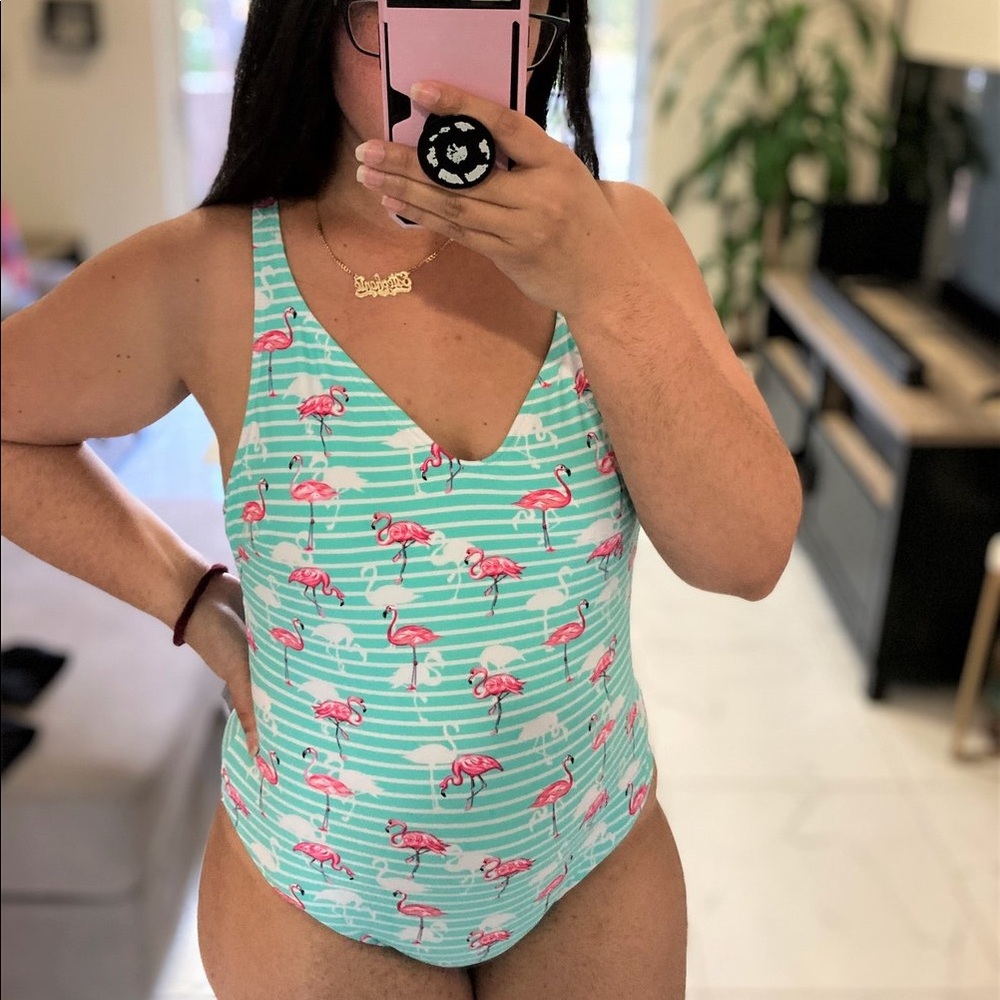 Flamingo print one piece swim suit